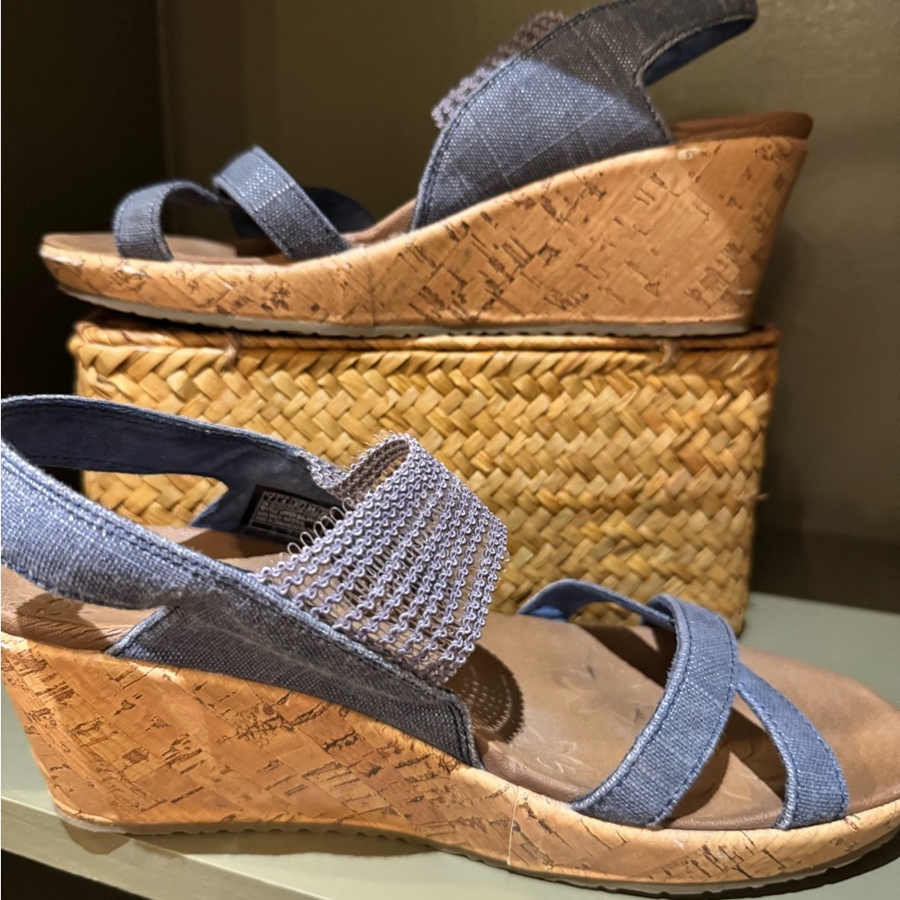 Skechers Luxe Foam Wedge Sandals Cork Blue Size 7